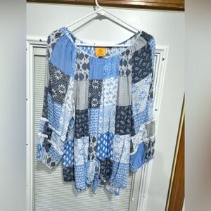 Ruby Rd. Blue and Gray Patchwork Blouse